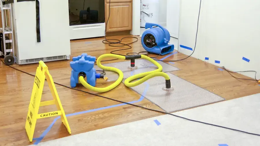 Floor drying mats and an air mover pulling water out of a wet hardwood kitchen floor in Cedar Park, TX